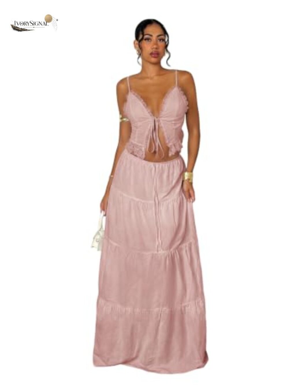 Floerns 2 Piece Outfit Tie Front Camisole Top Tiered Maxi Skirt Set